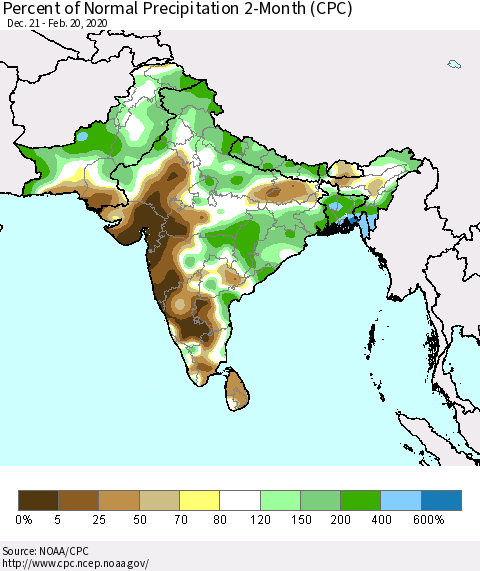 Southern Asia Percent of Normal Precipitation 2-Month (CPC) Thematic Map For 12/21/2019 - 2/20/2020