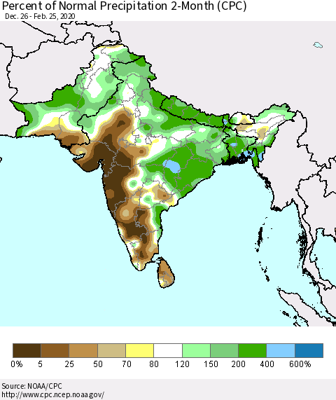 Southern Asia Percent of Normal Precipitation 2-Month (CPC) Thematic Map For 12/26/2019 - 2/25/2020
