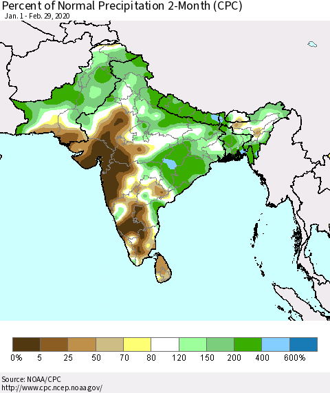 Southern Asia Percent of Normal Precipitation 2-Month (CPC) Thematic Map For 1/1/2020 - 2/29/2020