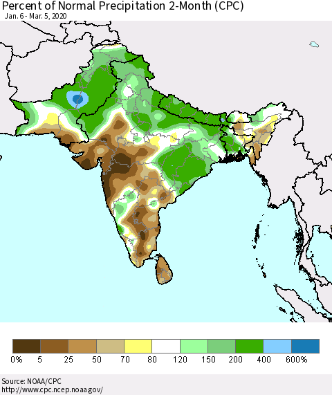 Southern Asia Percent of Normal Precipitation 2-Month (CPC) Thematic Map For 1/6/2020 - 3/5/2020