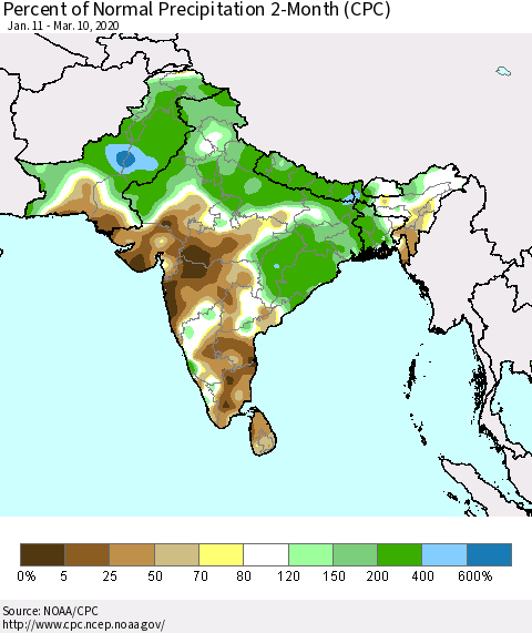 Southern Asia Percent of Normal Precipitation 2-Month (CPC) Thematic Map For 1/11/2020 - 3/10/2020