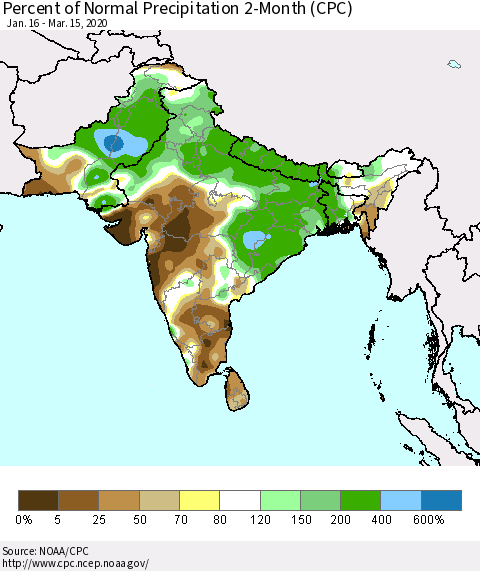 Southern Asia Percent of Normal Precipitation 2-Month (CPC) Thematic Map For 1/16/2020 - 3/15/2020