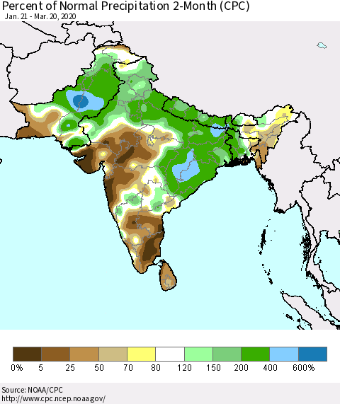 Southern Asia Percent of Normal Precipitation 2-Month (CPC) Thematic Map For 1/21/2020 - 3/20/2020