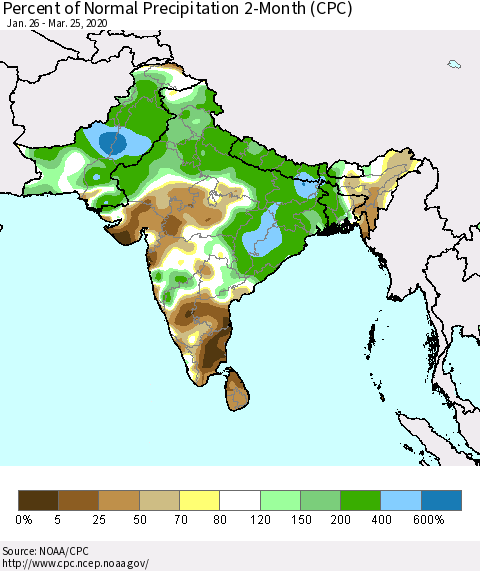 Southern Asia Percent of Normal Precipitation 2-Month (CPC) Thematic Map For 1/26/2020 - 3/25/2020