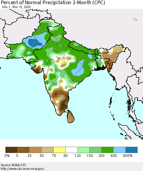 Southern Asia Percent of Normal Precipitation 2-Month (CPC) Thematic Map For 2/1/2020 - 3/31/2020