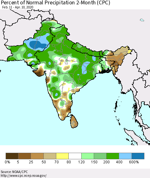Southern Asia Percent of Normal Precipitation 2-Month (CPC) Thematic Map For 2/11/2020 - 4/10/2020