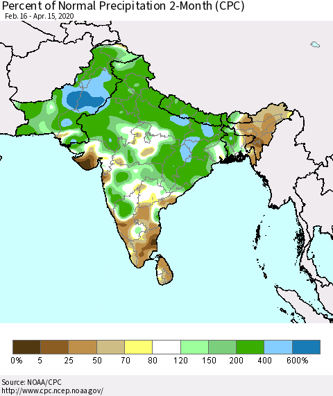 Southern Asia Percent of Normal Precipitation 2-Month (CPC) Thematic Map For 2/16/2020 - 4/15/2020