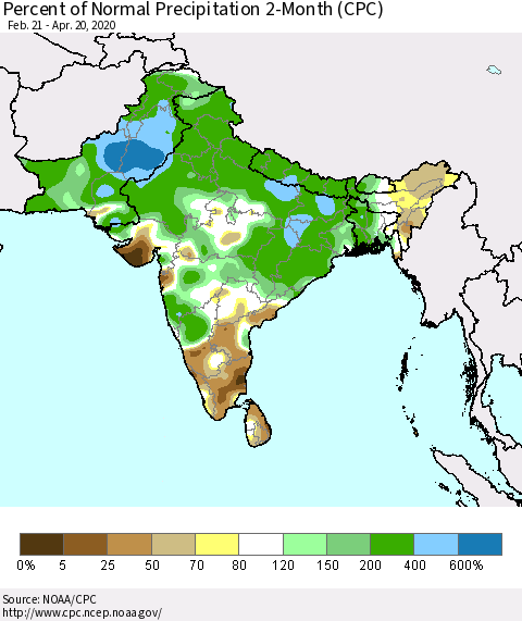 Southern Asia Percent of Normal Precipitation 2-Month (CPC) Thematic Map For 2/21/2020 - 4/20/2020