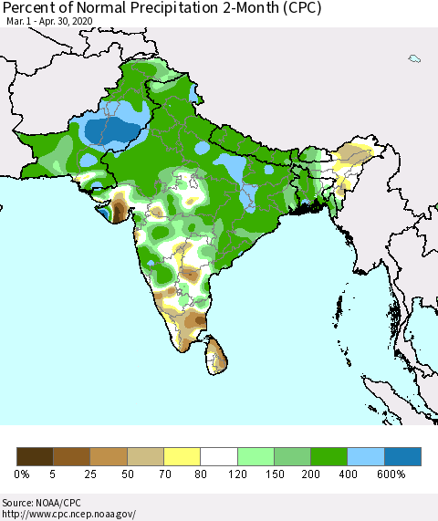 Southern Asia Percent of Normal Precipitation 2-Month (CPC) Thematic Map For 3/1/2020 - 4/30/2020