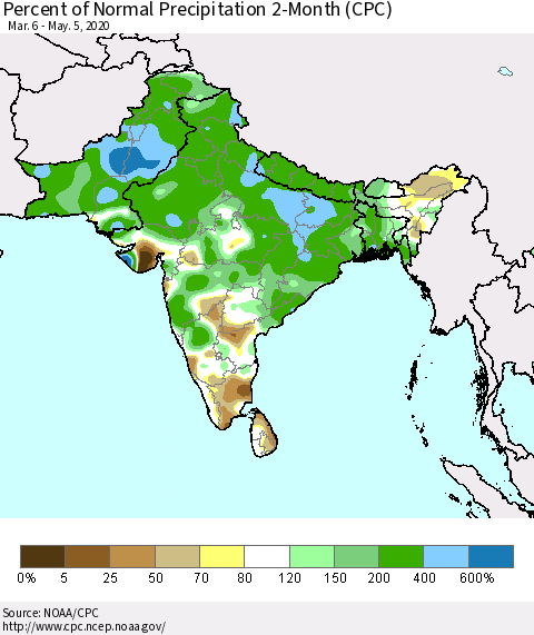 Southern Asia Percent of Normal Precipitation 2-Month (CPC) Thematic Map For 3/6/2020 - 5/5/2020