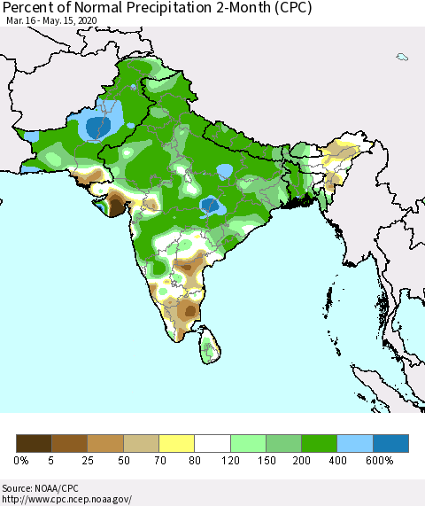 Southern Asia Percent of Normal Precipitation 2-Month (CPC) Thematic Map For 3/16/2020 - 5/15/2020