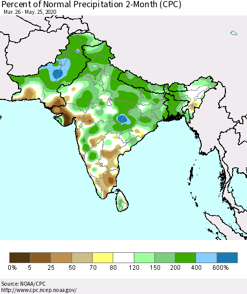 Southern Asia Percent of Normal Precipitation 2-Month (CPC) Thematic Map For 3/26/2020 - 5/25/2020
