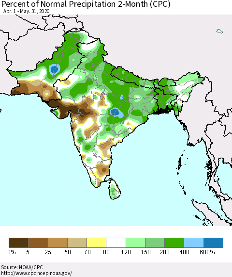 Southern Asia Percent of Normal Precipitation 2-Month (CPC) Thematic Map For 4/1/2020 - 5/31/2020