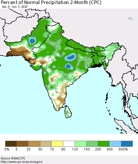 Southern Asia Percent of Normal Precipitation 2-Month (CPC) Thematic Map For 4/6/2020 - 6/5/2020