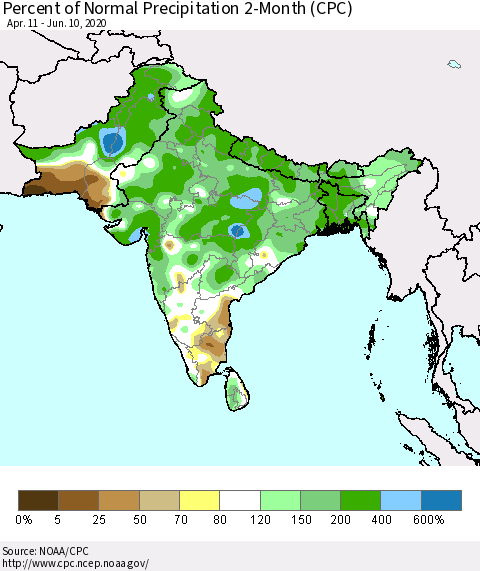Southern Asia Percent of Normal Precipitation 2-Month (CPC) Thematic Map For 4/11/2020 - 6/10/2020