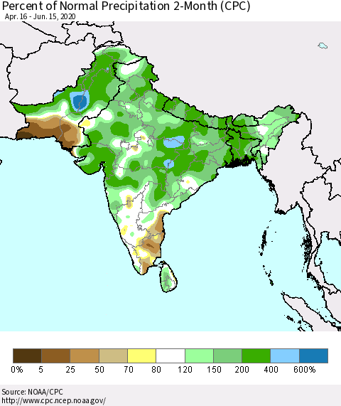 Southern Asia Percent of Normal Precipitation 2-Month (CPC) Thematic Map For 4/16/2020 - 6/15/2020