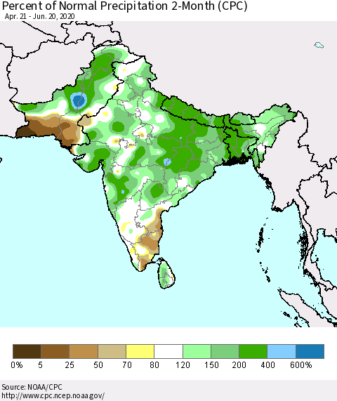 Southern Asia Percent of Normal Precipitation 2-Month (CPC) Thematic Map For 4/21/2020 - 6/20/2020
