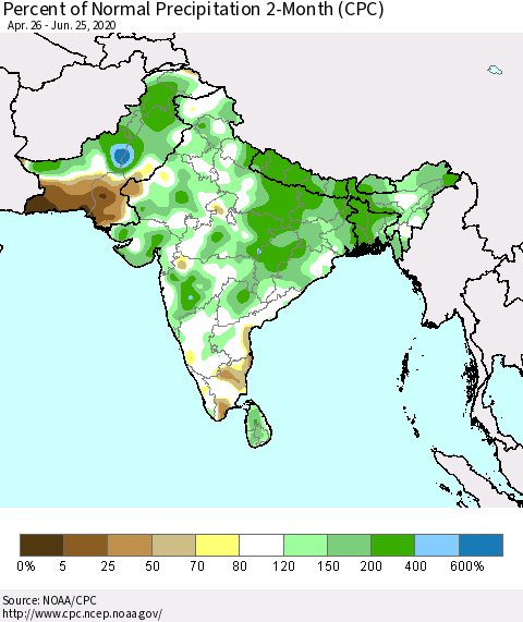 Southern Asia Percent of Normal Precipitation 2-Month (CPC) Thematic Map For 4/26/2020 - 6/25/2020