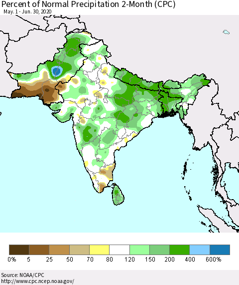Southern Asia Percent of Normal Precipitation 2-Month (CPC) Thematic Map For 5/1/2020 - 6/30/2020