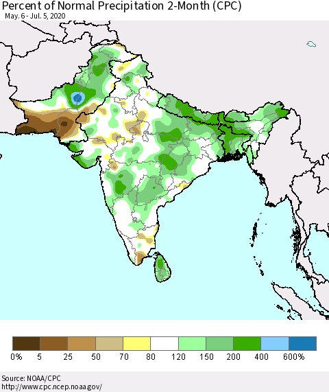 Southern Asia Percent of Normal Precipitation 2-Month (CPC) Thematic Map For 5/6/2020 - 7/5/2020