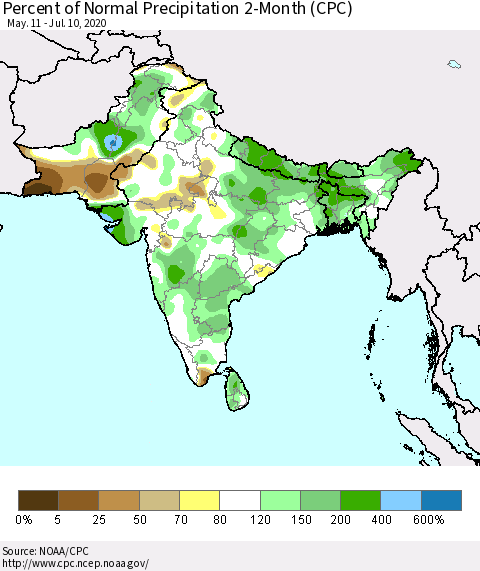 Southern Asia Percent of Normal Precipitation 2-Month (CPC) Thematic Map For 5/11/2020 - 7/10/2020