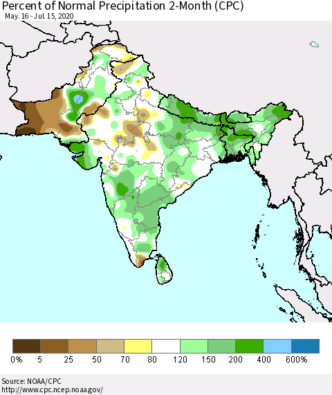 Southern Asia Percent of Normal Precipitation 2-Month (CPC) Thematic Map For 5/16/2020 - 7/15/2020