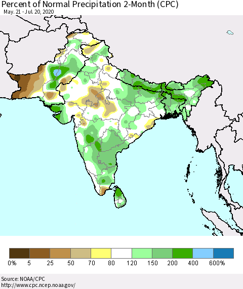 Southern Asia Percent of Normal Precipitation 2-Month (CPC) Thematic Map For 5/21/2020 - 7/20/2020