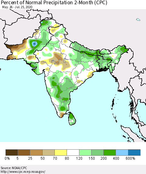 Southern Asia Percent of Normal Precipitation 2-Month (CPC) Thematic Map For 5/26/2020 - 7/25/2020
