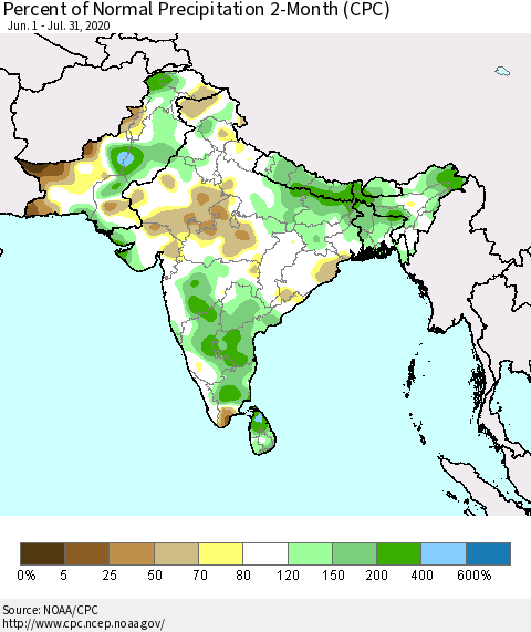 Southern Asia Percent of Normal Precipitation 2-Month (CPC) Thematic Map For 6/1/2020 - 7/31/2020