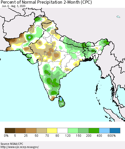 Southern Asia Percent of Normal Precipitation 2-Month (CPC) Thematic Map For 6/6/2020 - 8/5/2020