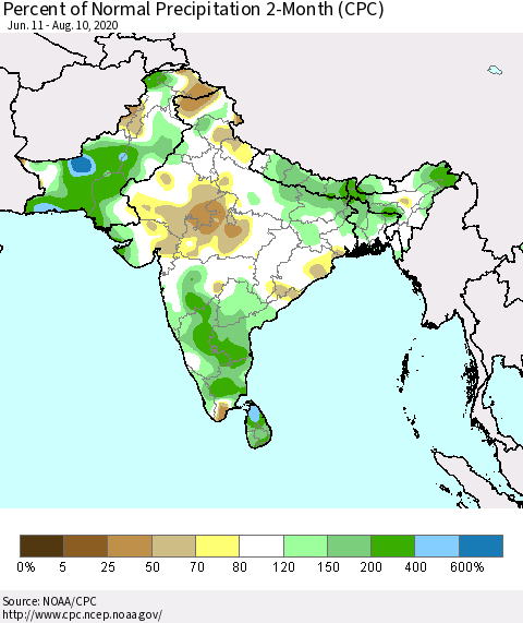 Southern Asia Percent of Normal Precipitation 2-Month (CPC) Thematic Map For 6/11/2020 - 8/10/2020