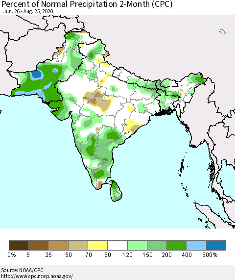 Southern Asia Percent of Normal Precipitation 2-Month (CPC) Thematic Map For 6/26/2020 - 8/25/2020