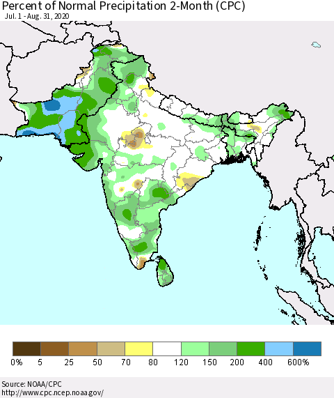 Southern Asia Percent of Normal Precipitation 2-Month (CPC) Thematic Map For 7/1/2020 - 8/31/2020