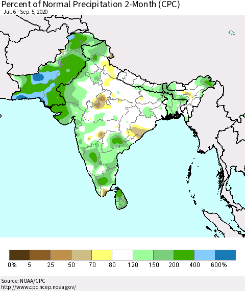 Southern Asia Percent of Normal Precipitation 2-Month (CPC) Thematic Map For 7/6/2020 - 9/5/2020