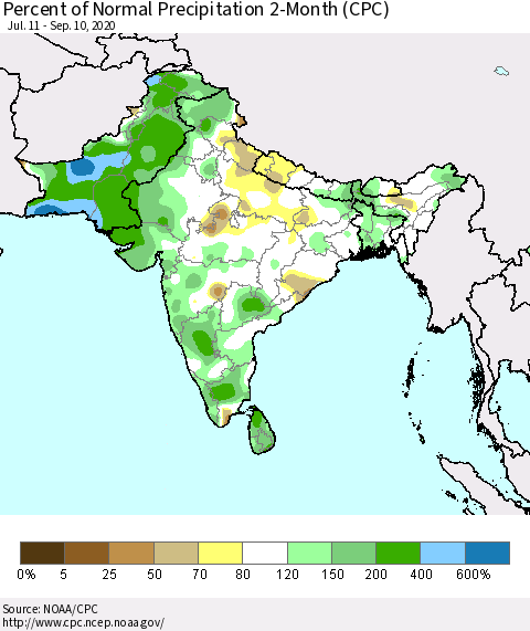 Southern Asia Percent of Normal Precipitation 2-Month (CPC) Thematic Map For 7/11/2020 - 9/10/2020