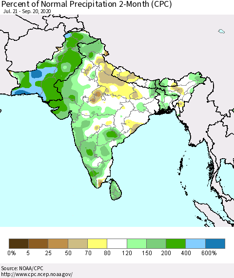 Southern Asia Percent of Normal Precipitation 2-Month (CPC) Thematic Map For 7/21/2020 - 9/20/2020