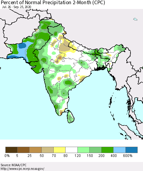 Southern Asia Percent of Normal Precipitation 2-Month (CPC) Thematic Map For 7/26/2020 - 9/25/2020