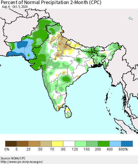 Southern Asia Percent of Normal Precipitation 2-Month (CPC) Thematic Map For 8/6/2020 - 10/5/2020