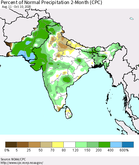 Southern Asia Percent of Normal Precipitation 2-Month (CPC) Thematic Map For 8/11/2020 - 10/10/2020