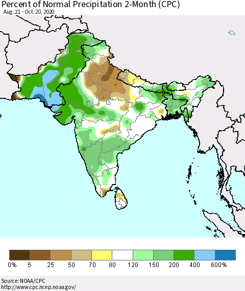 Southern Asia Percent of Normal Precipitation 2-Month (CPC) Thematic Map For 8/21/2020 - 10/20/2020