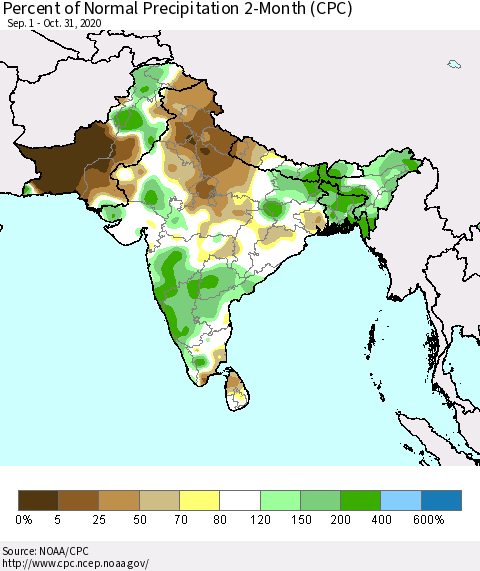 Southern Asia Percent of Normal Precipitation 2-Month (CPC) Thematic Map For 9/1/2020 - 10/31/2020