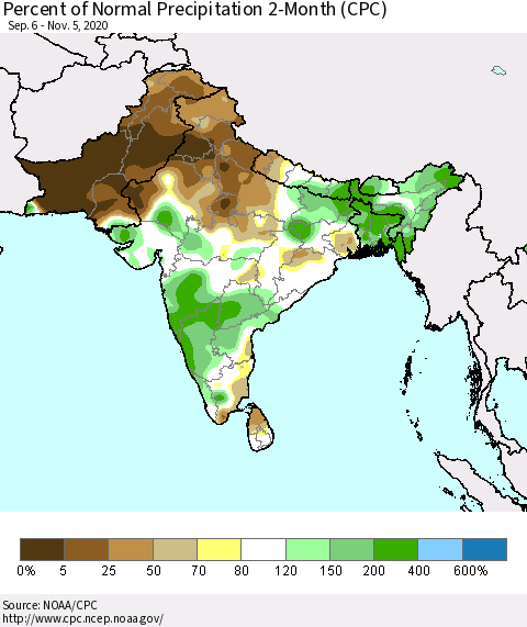 Southern Asia Percent of Normal Precipitation 2-Month (CPC) Thematic Map For 9/6/2020 - 11/5/2020