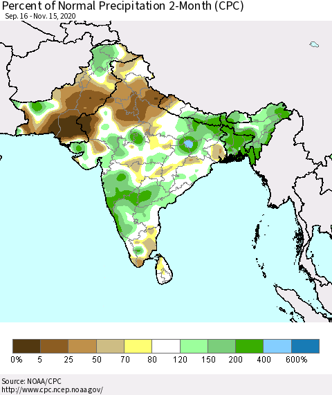 Southern Asia Percent of Normal Precipitation 2-Month (CPC) Thematic Map For 9/16/2020 - 11/15/2020