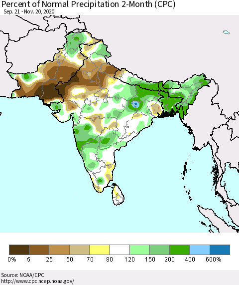 Southern Asia Percent of Normal Precipitation 2-Month (CPC) Thematic Map For 9/21/2020 - 11/20/2020