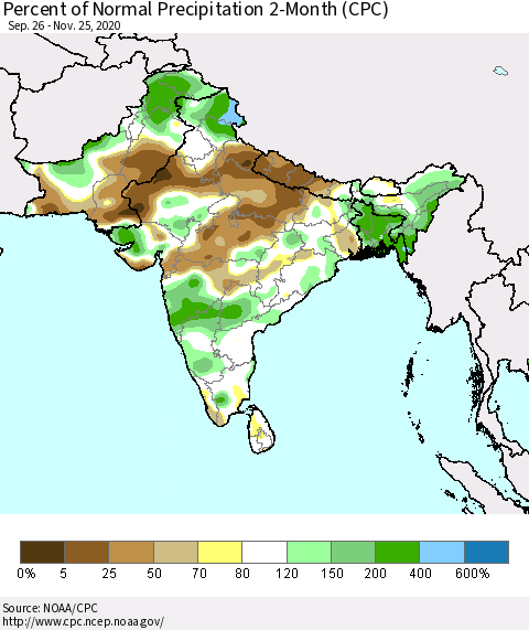 Southern Asia Percent of Normal Precipitation 2-Month (CPC) Thematic Map For 9/26/2020 - 11/25/2020