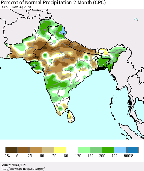 Southern Asia Percent of Normal Precipitation 2-Month (CPC) Thematic Map For 10/1/2020 - 11/30/2020