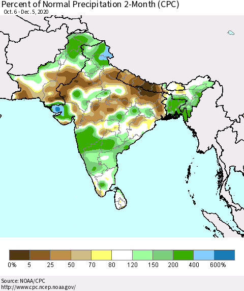 Southern Asia Percent of Normal Precipitation 2-Month (CPC) Thematic Map For 10/6/2020 - 12/5/2020