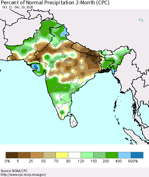Southern Asia Percent of Normal Precipitation 2-Month (CPC) Thematic Map For 10/11/2020 - 12/10/2020