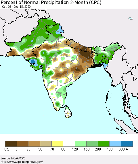 Southern Asia Percent of Normal Precipitation 2-Month (CPC) Thematic Map For 10/16/2020 - 12/15/2020
