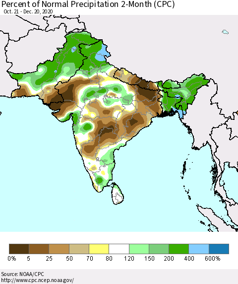 Southern Asia Percent of Normal Precipitation 2-Month (CPC) Thematic Map For 10/21/2020 - 12/20/2020